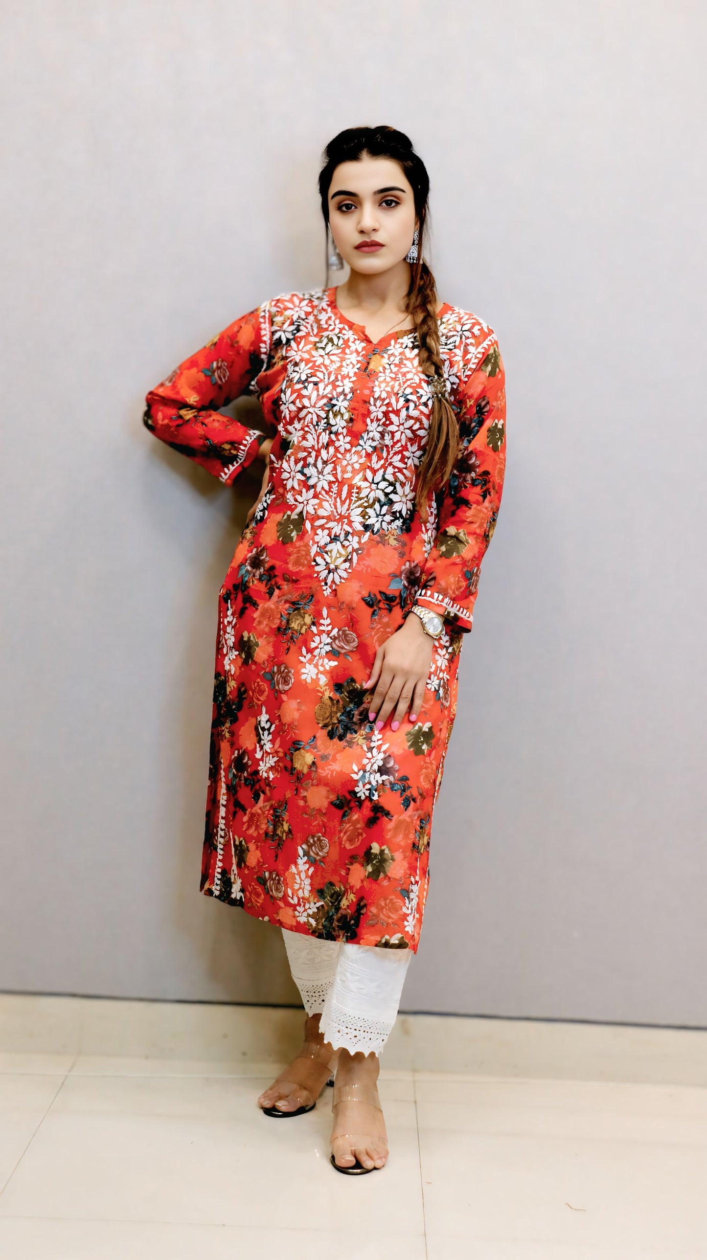 Orange Printed Chikankari Kurti