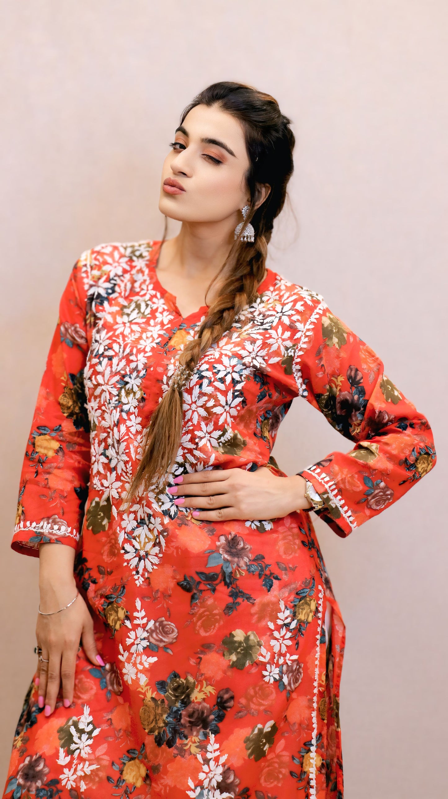 Orange Printed Chikankari Kurti