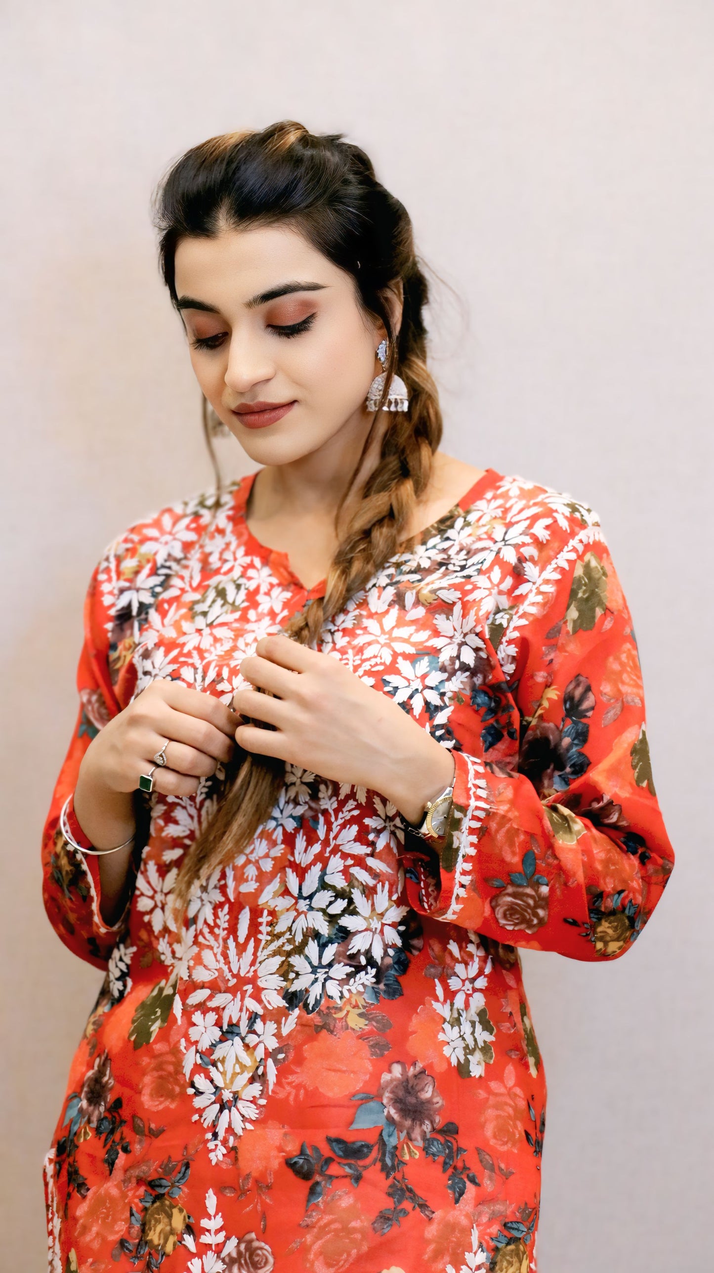 Orange Printed Chikankari Kurti