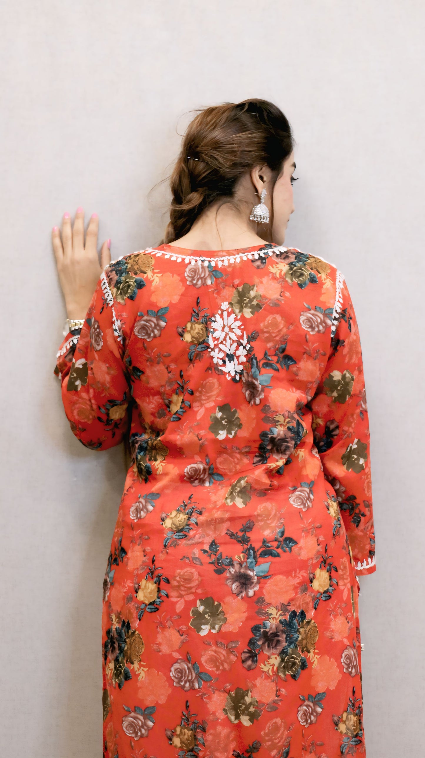 Orange Printed Chikankari Kurti
