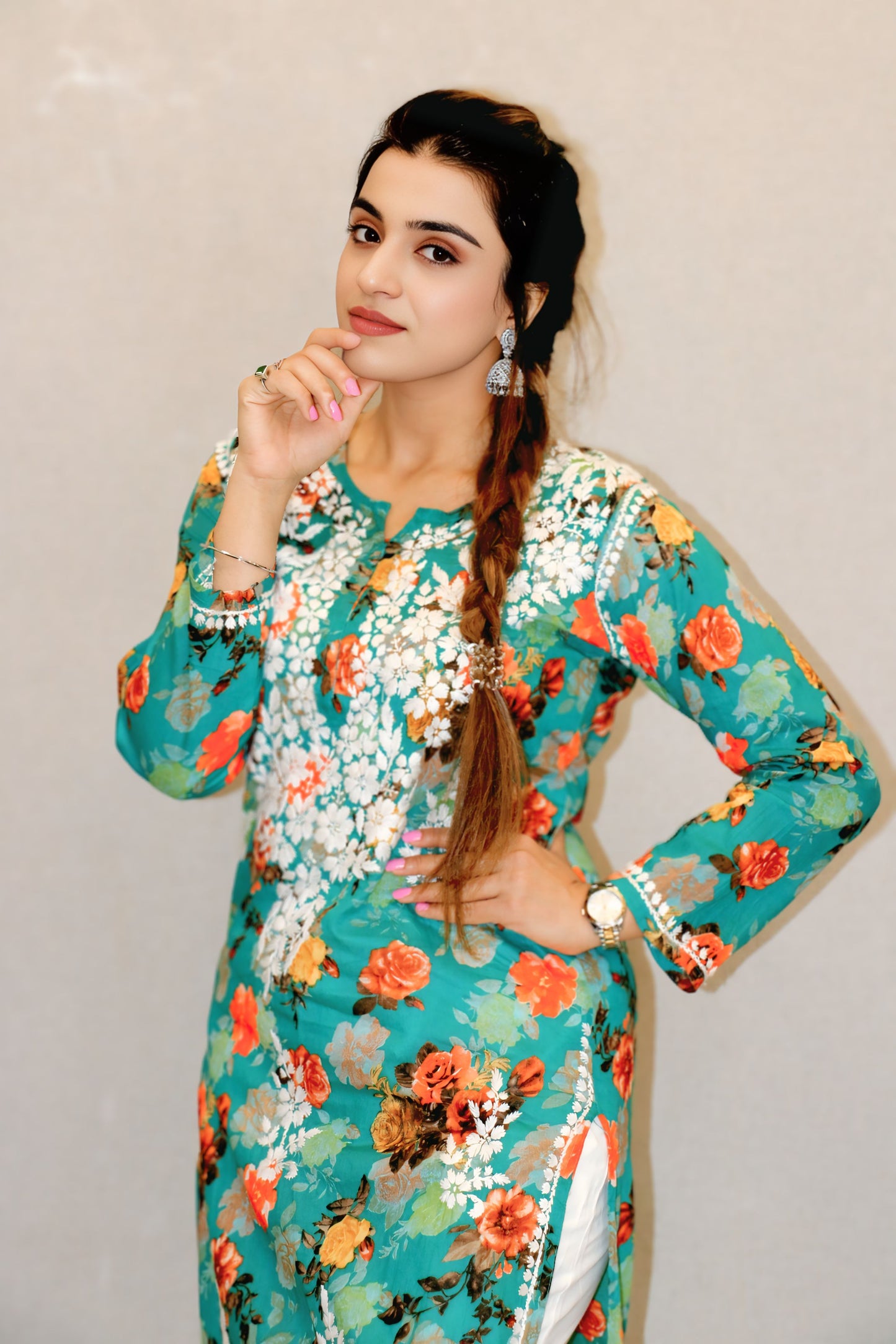 Green Printed Chikankari Kurti