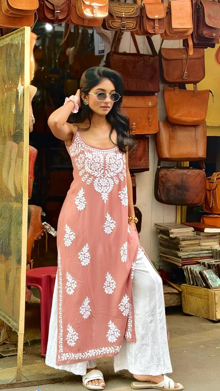 Peach Strappy Chikankari Kurti