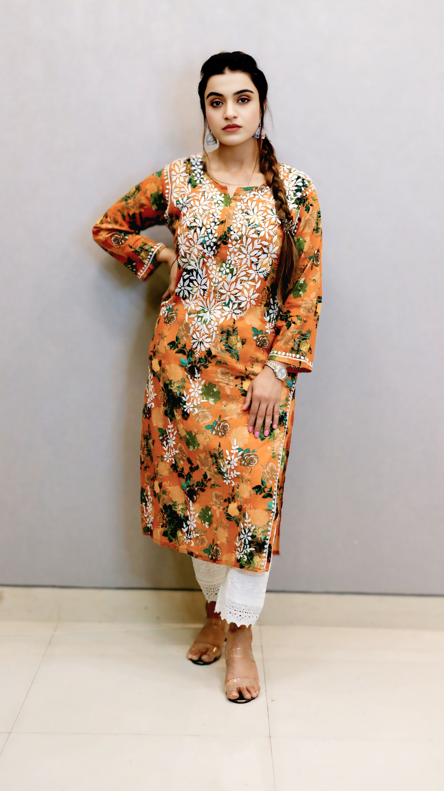 Mustard Printed Chikankari Kurti