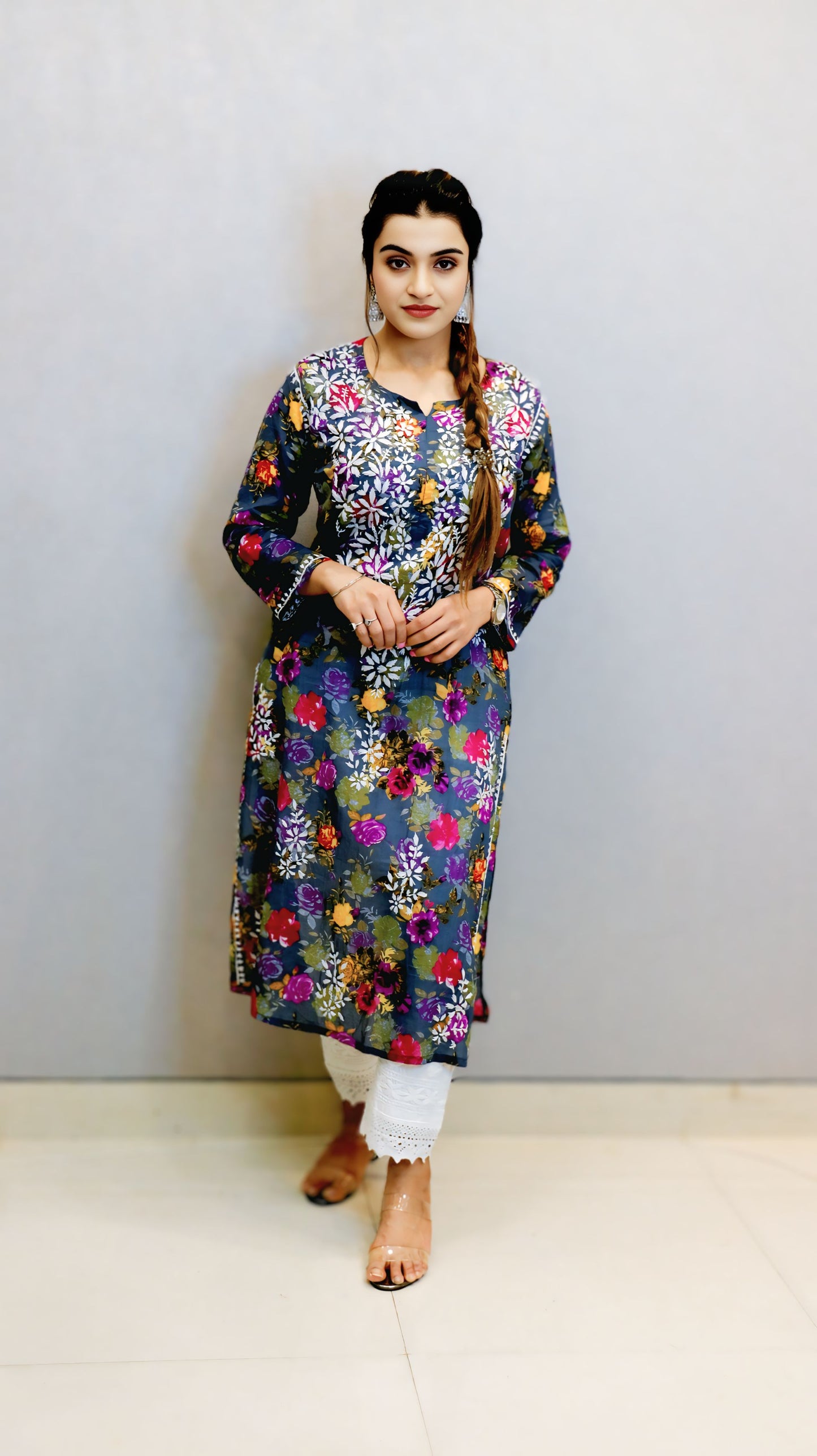 Grey Printed Chikankari Kurti