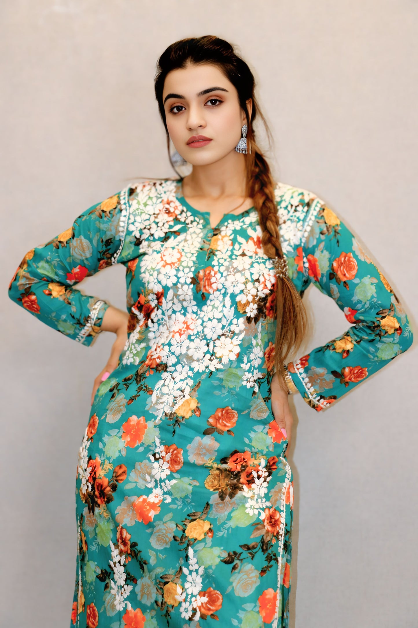 Green Printed Chikankari Kurti