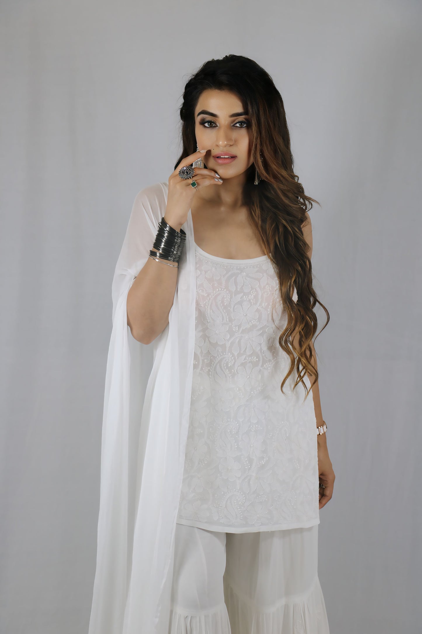 White Sleeveless Viscose Chikankari Garara Set