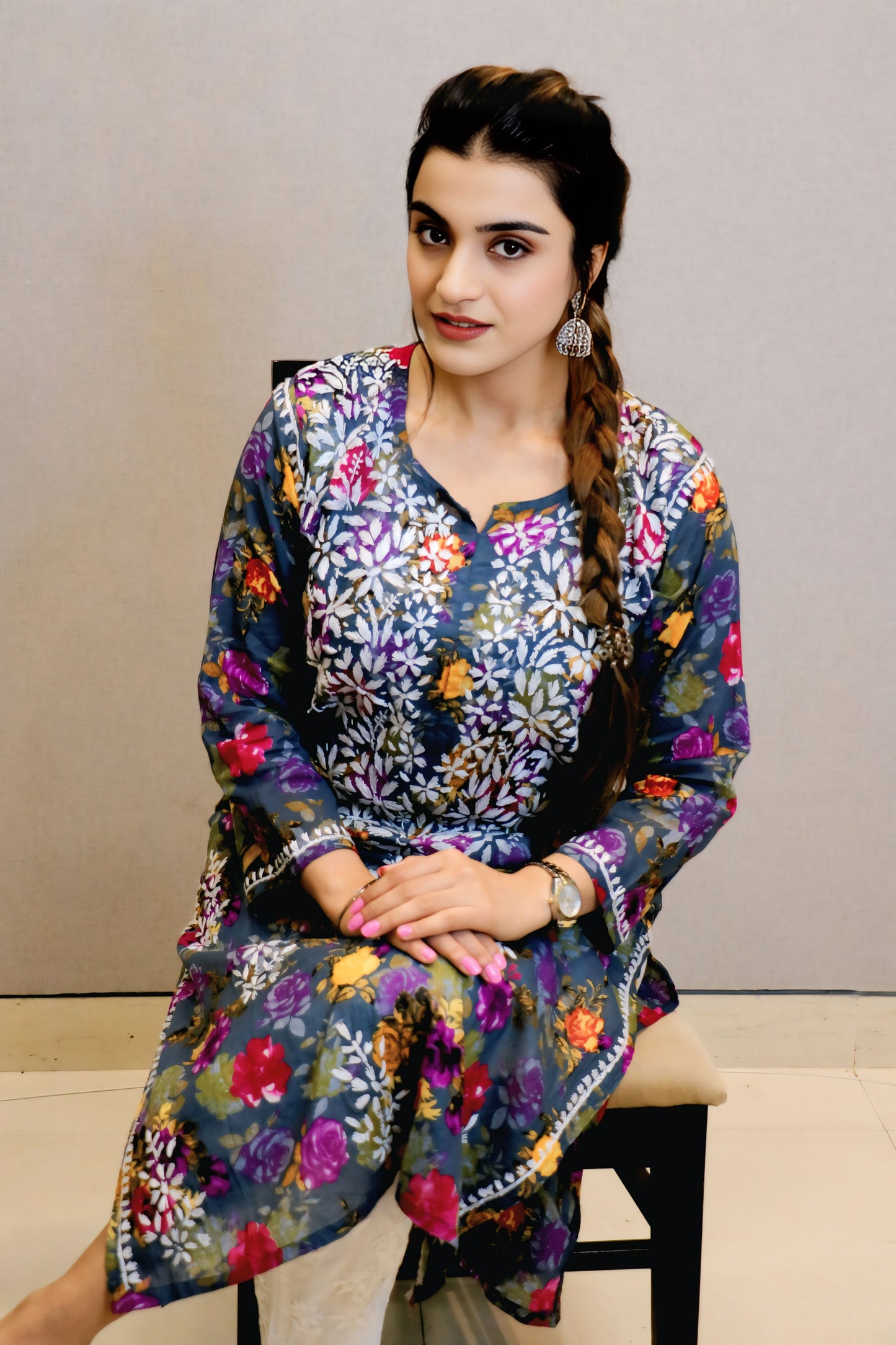 Grey Printed Chikankari Kurti