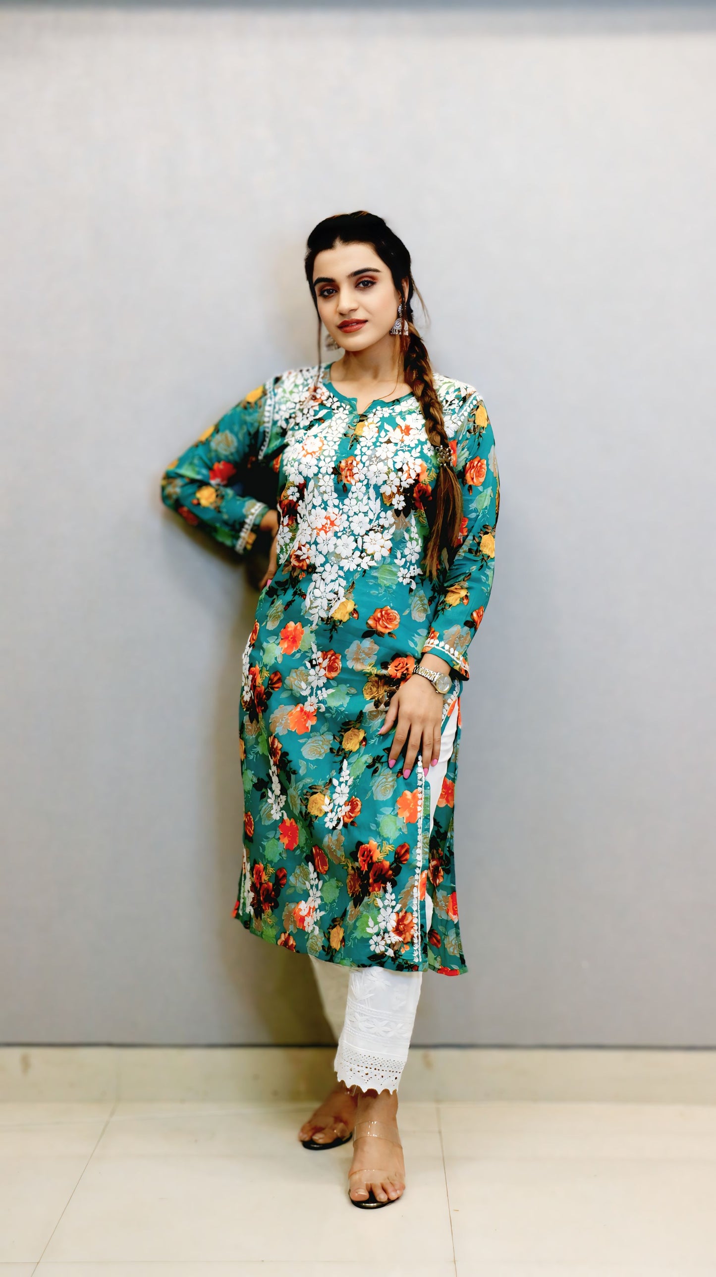 Green Printed Chikankari Kurti