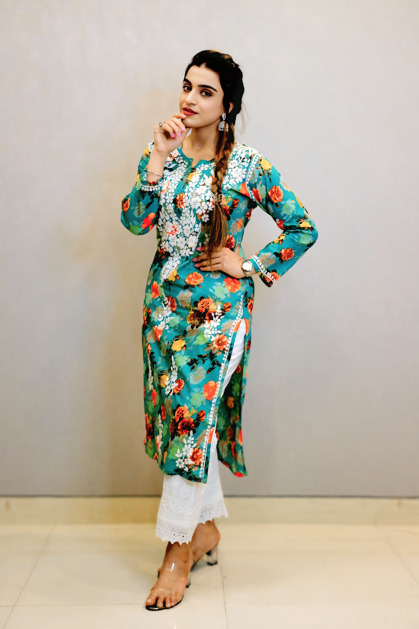 Green Printed Chikankari Kurti