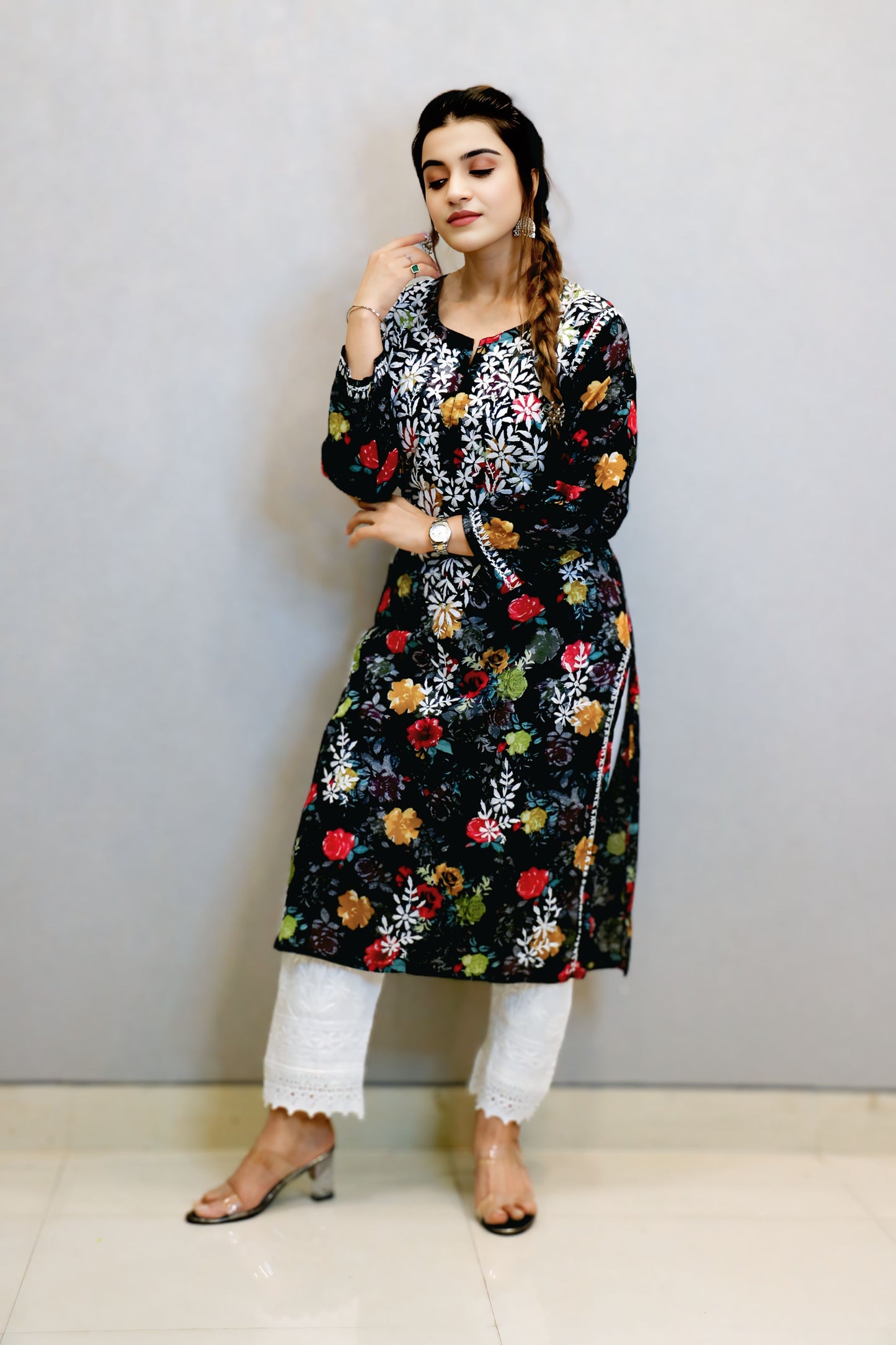 Black Printed Chikankari Kurti
