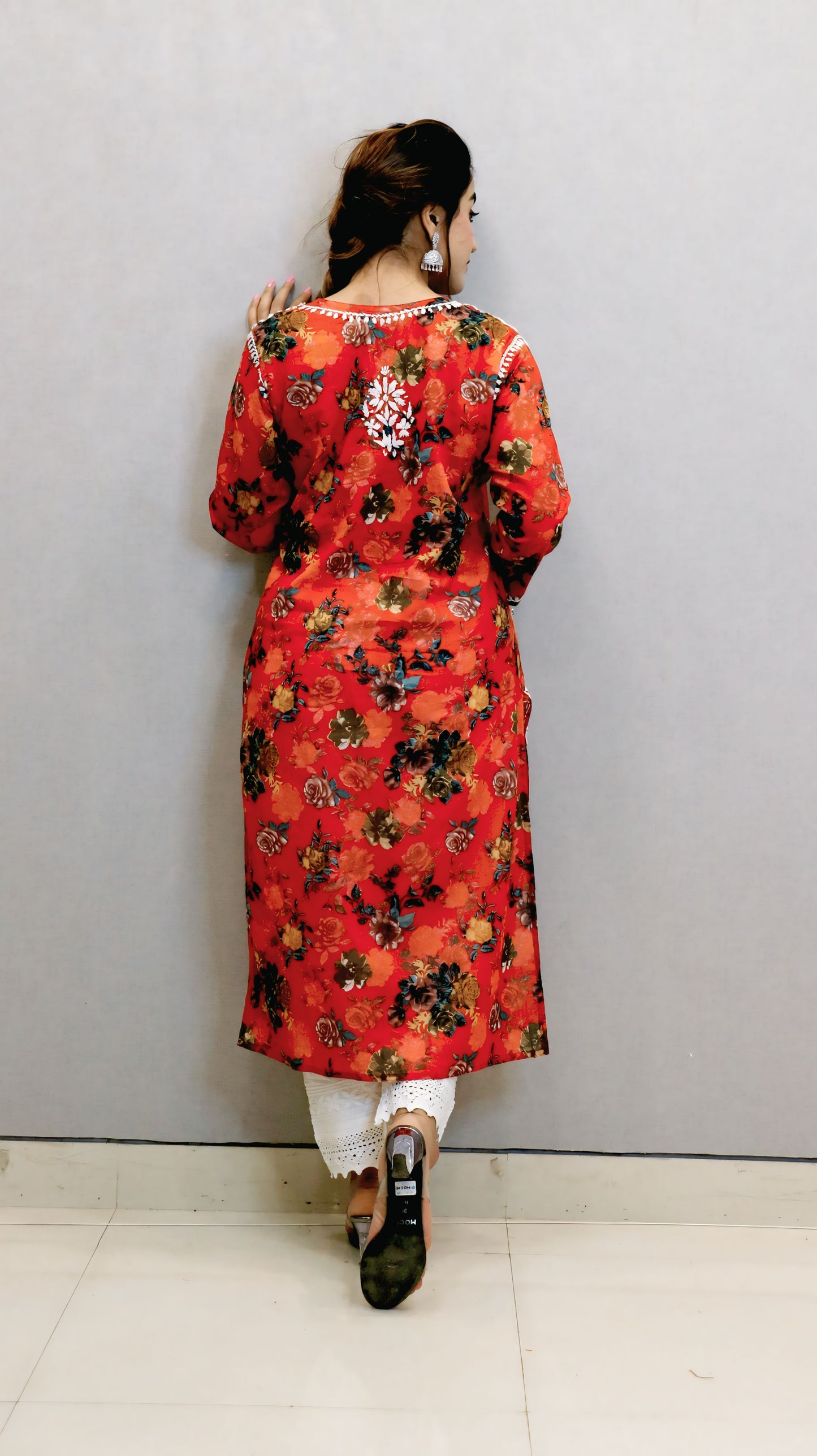 Orange Printed Chikankari Kurti
