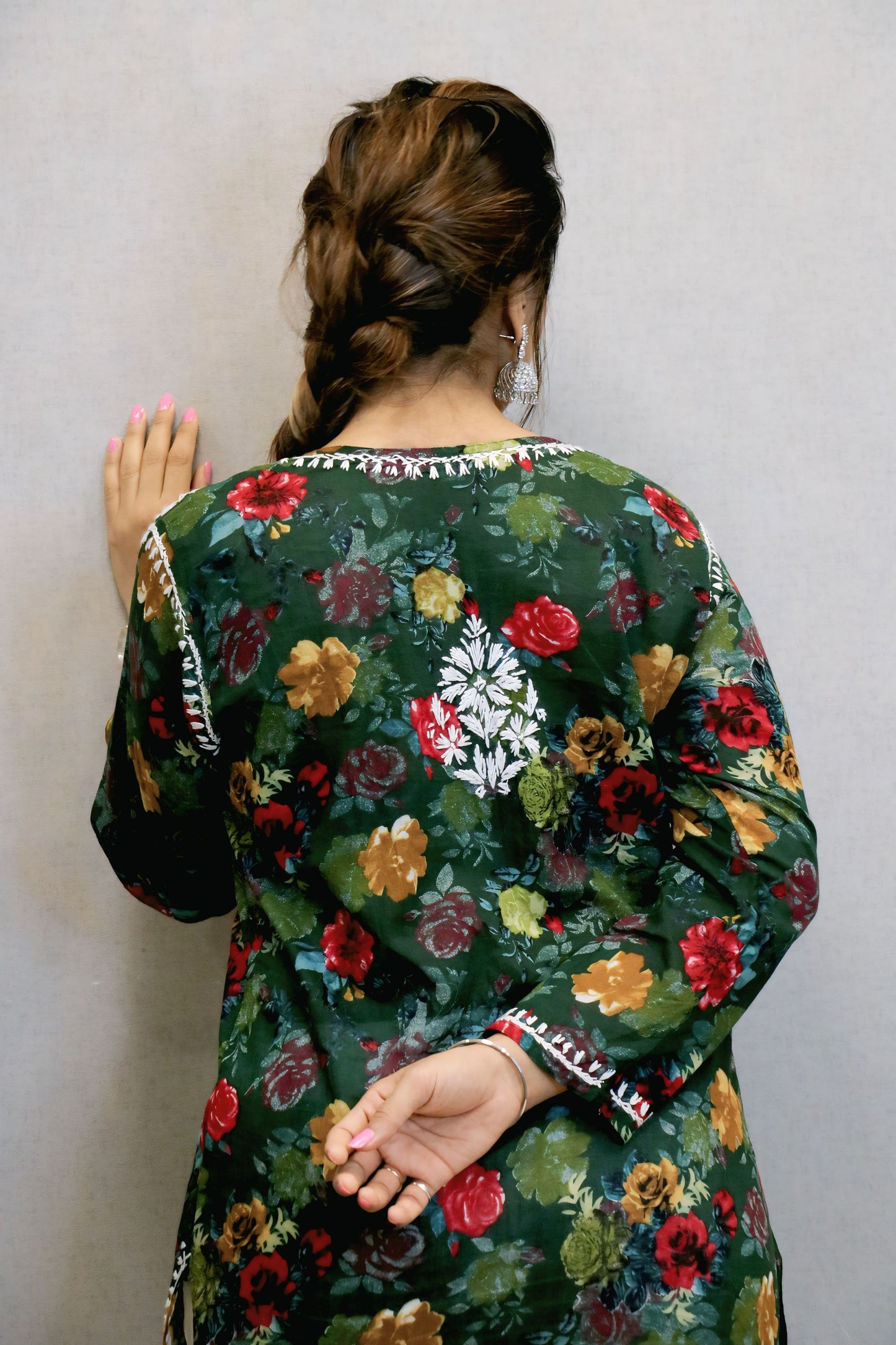 Dark Green Printed Chikankari Kurti