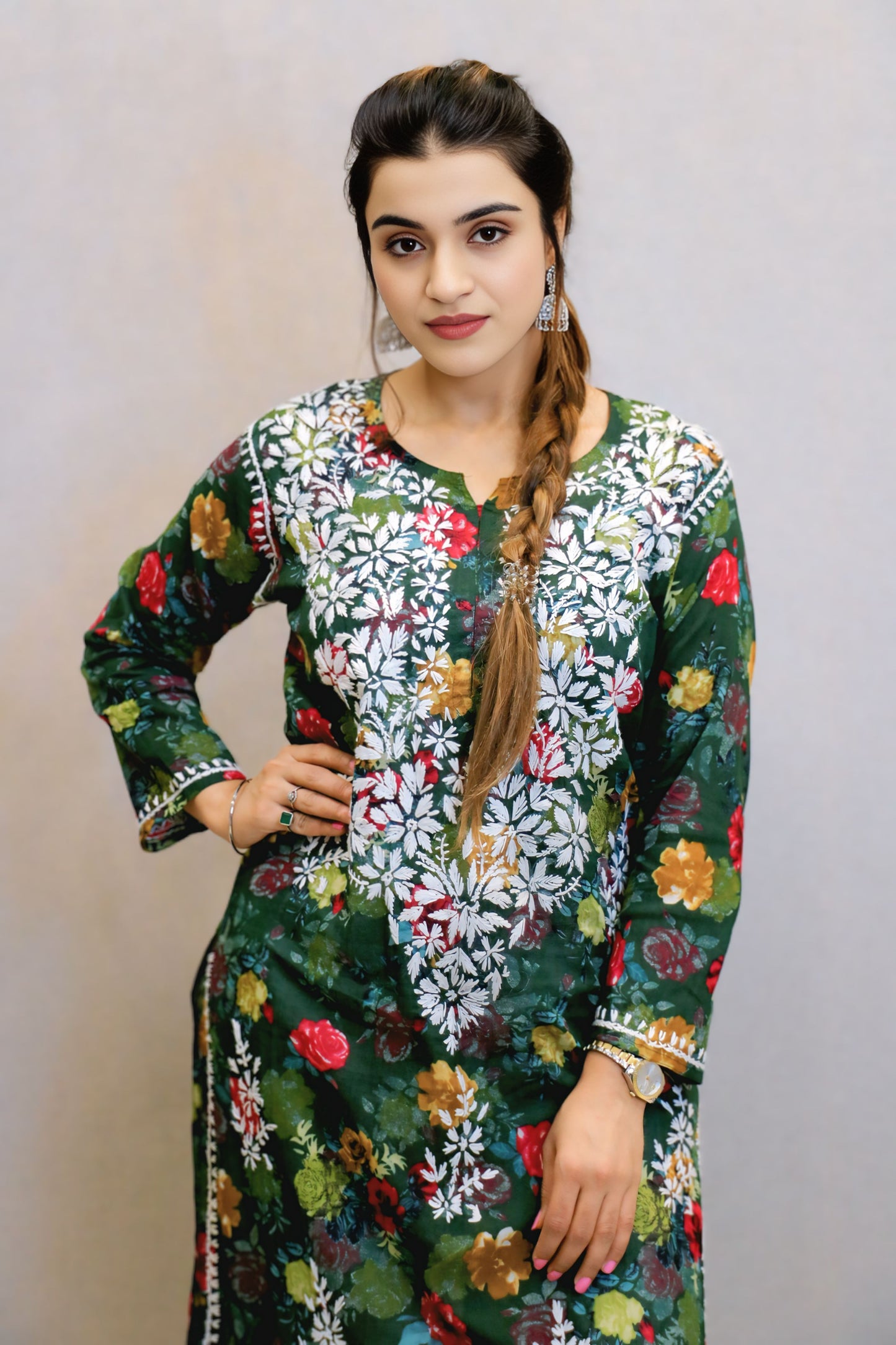 Dark Green Printed Chikankari Kurti