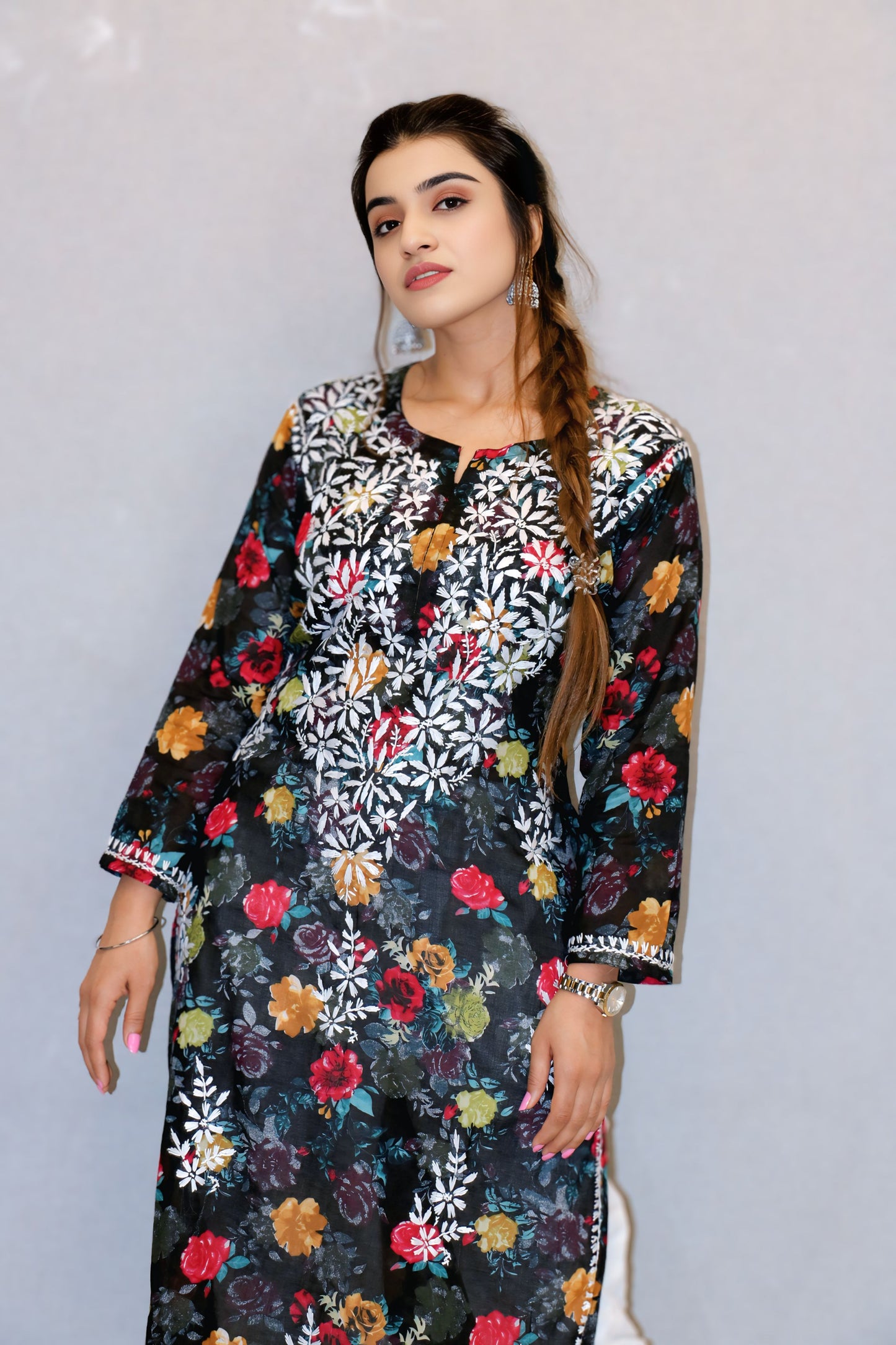 Black Printed Chikankari Kurti