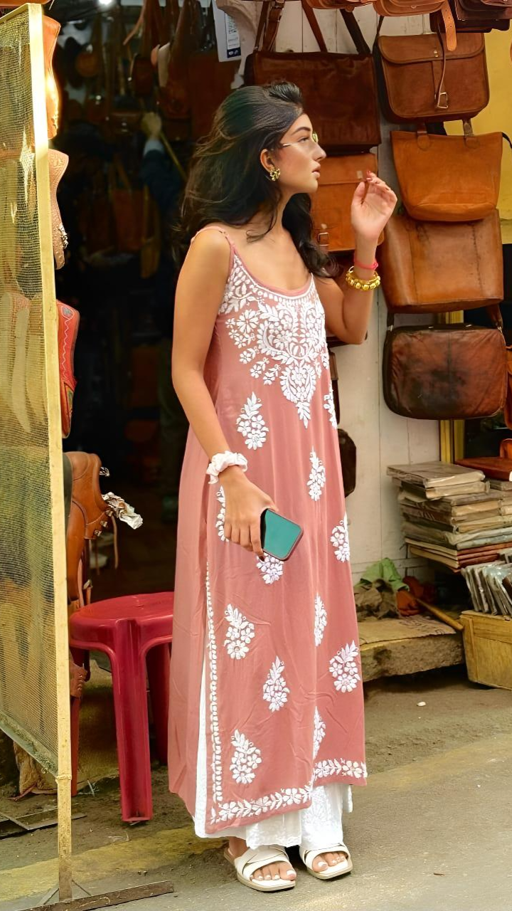 Peach Strappy Chikankari Kurti