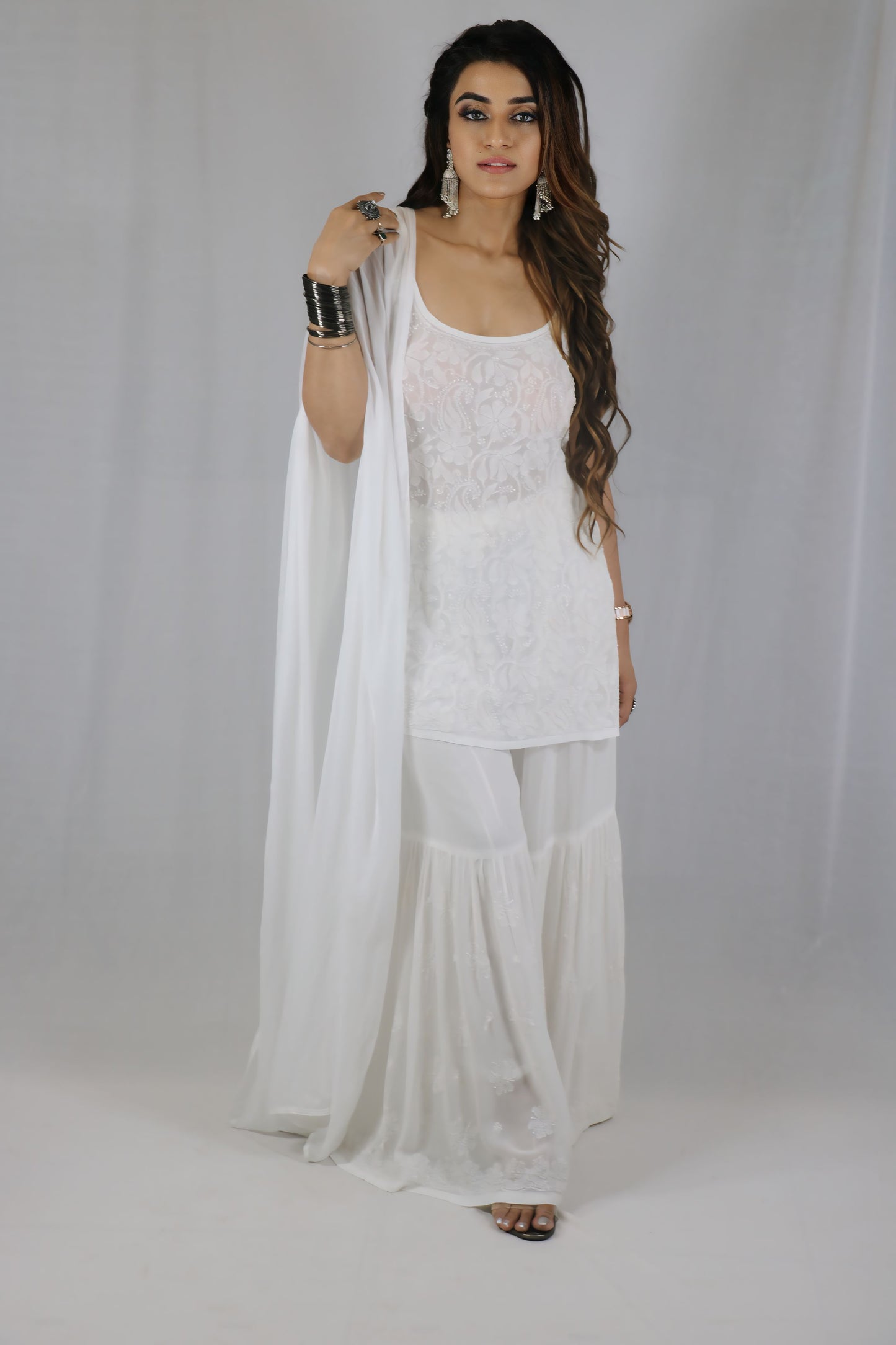 White Sleeveless Viscose Chikankari Garara Set