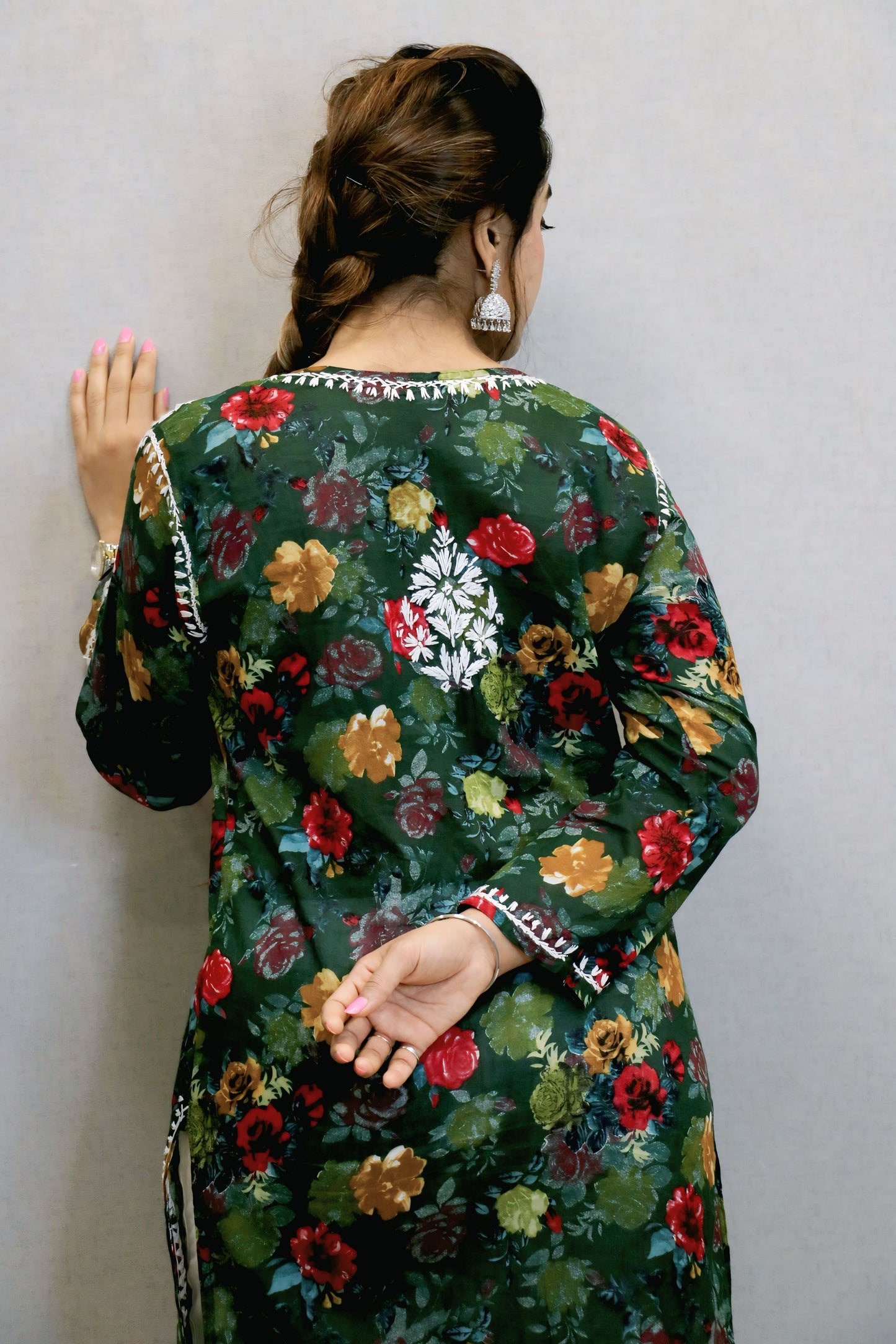 Dark Green Printed Chikankari Kurti