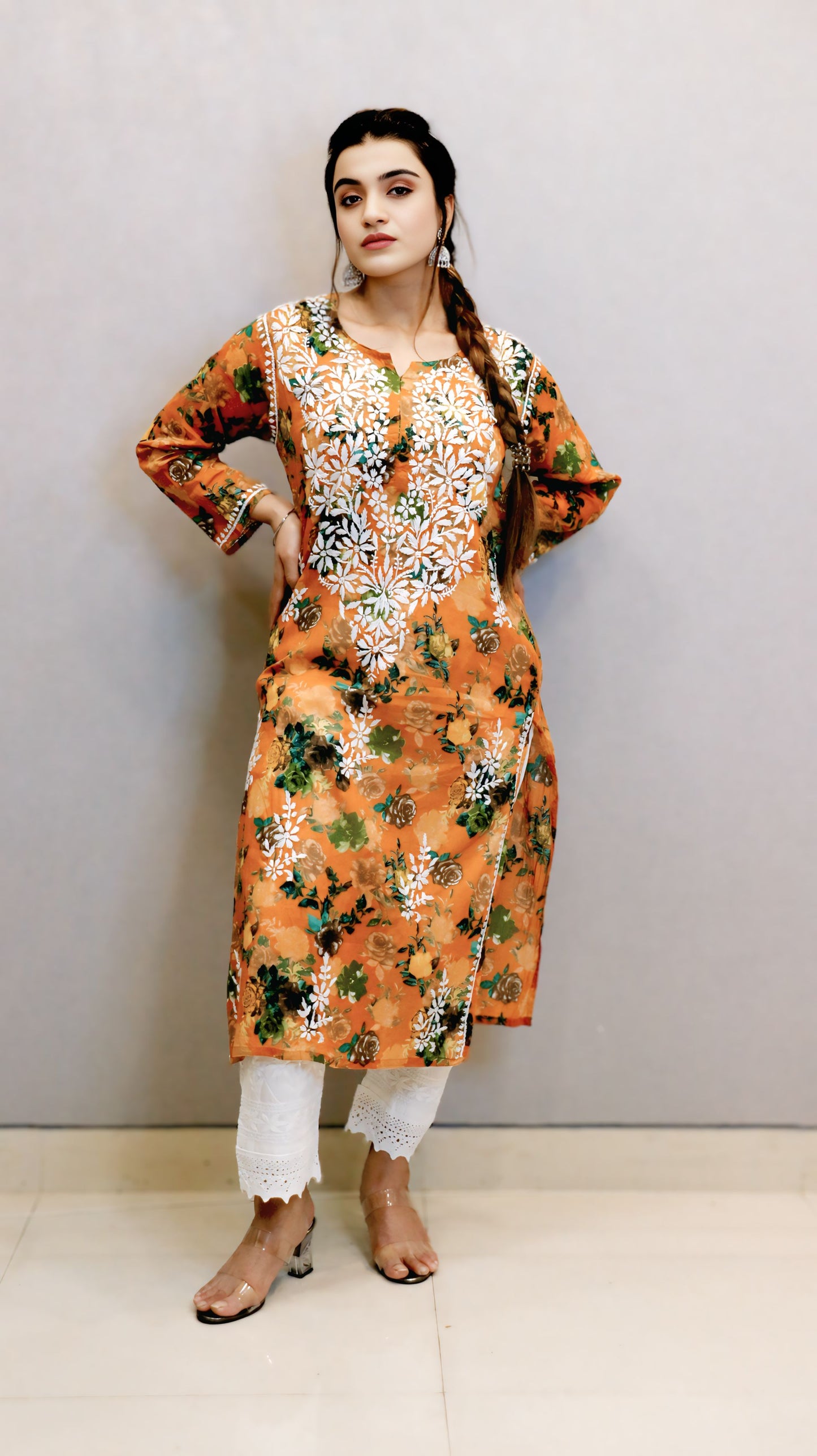 Mustard Printed Chikankari Kurti