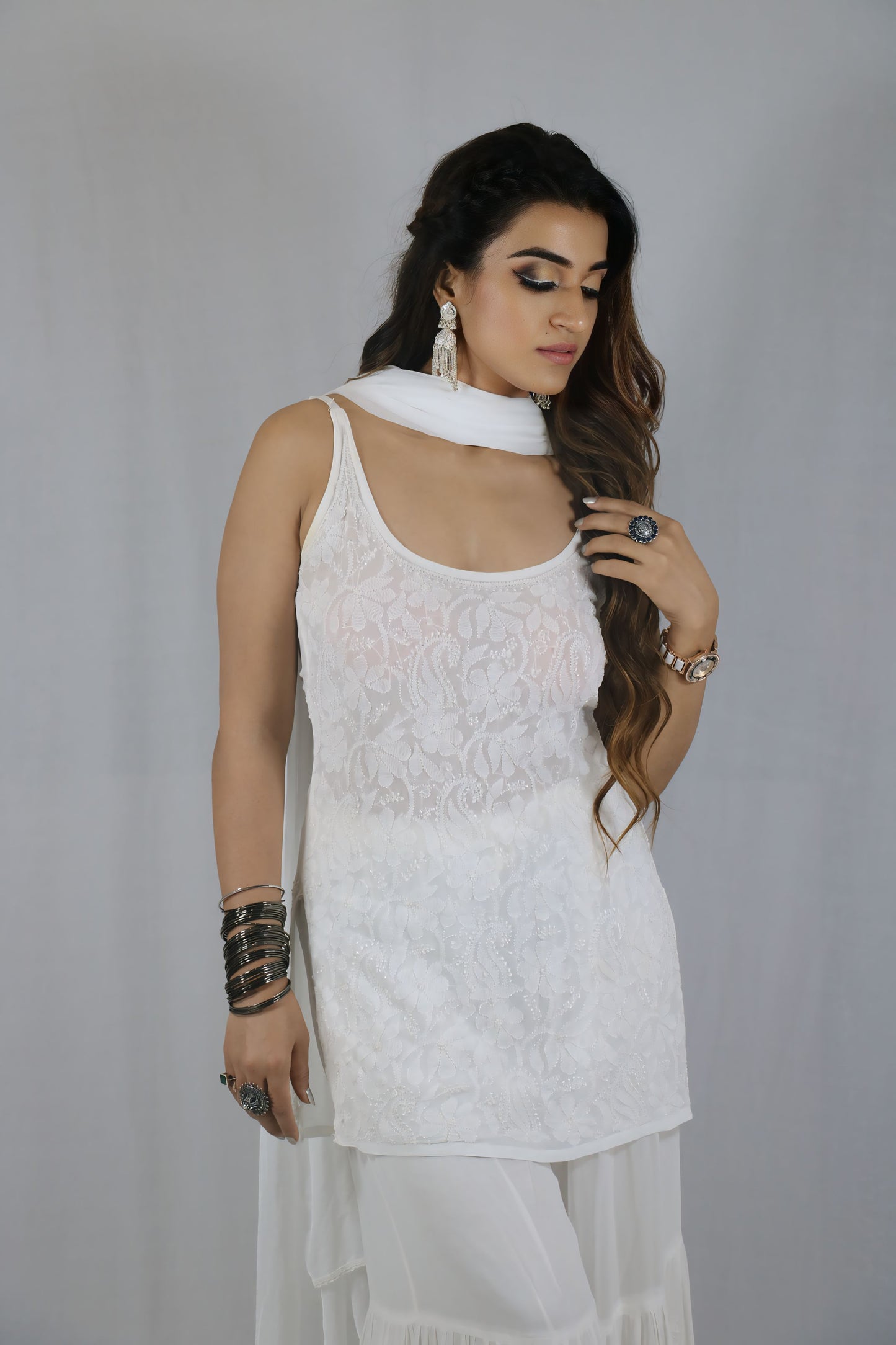 White Sleeveless Viscose Chikankari Garara Set