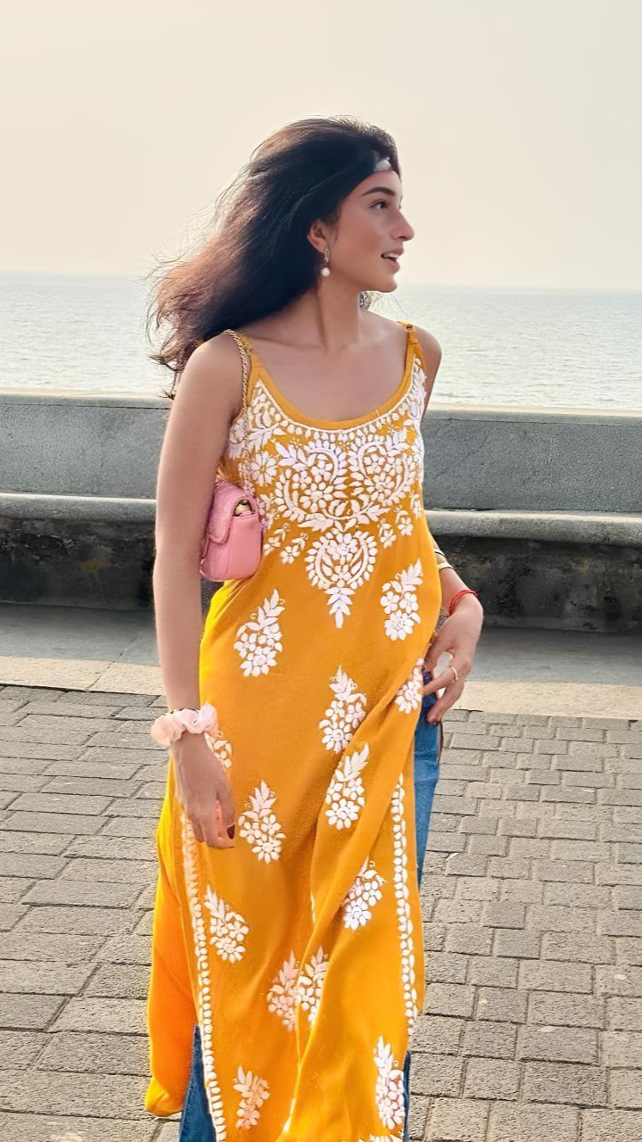 Yellow Strappy Chikankari Kurti