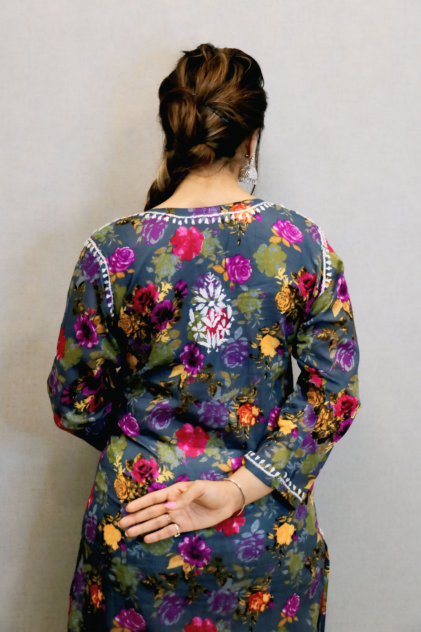 Grey Printed Chikankari Kurti