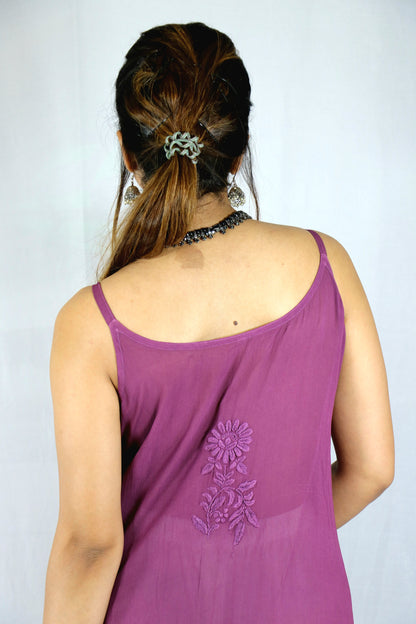 Purple Long Sleeveless Viscose/Georgette Chikankari Kurti