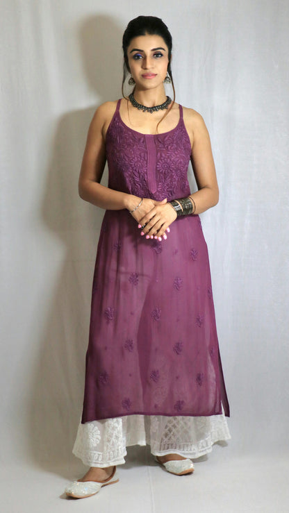 Purple Long Sleeveless Viscose/Georgette Chikankari Kurti