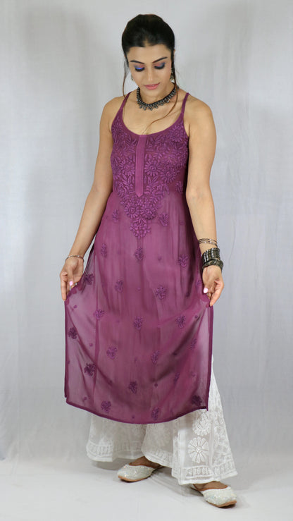 Purple Long Sleeveless Viscose/Georgette Chikankari Kurti