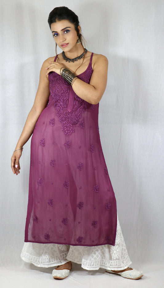 Purple Long Sleeveless Viscose/Georgette Chikankari Kurti