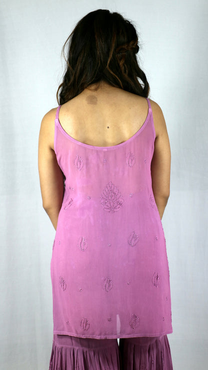 Purple Short Sleeveless Viscose Chikankari Kurti