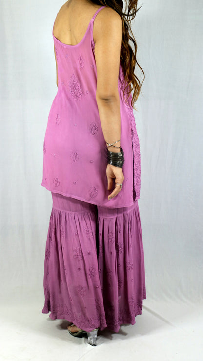 Purple Short Sleeveless Viscose Chikankari Kurti