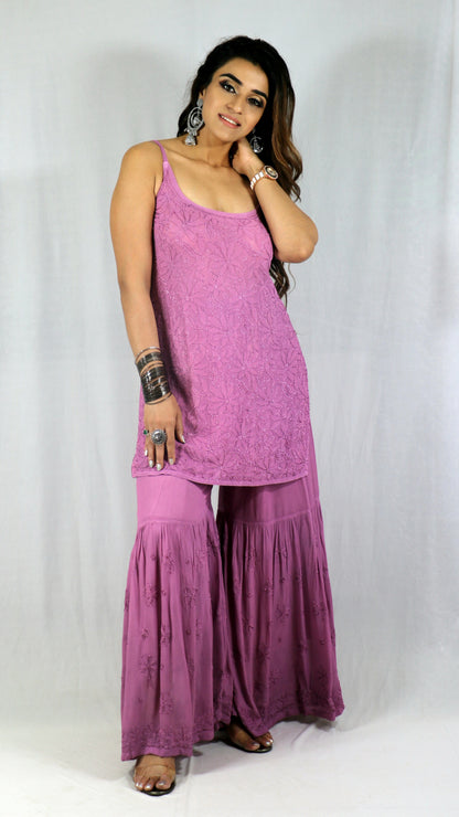 Purple Short Sleeveless Viscose Chikankari Kurti