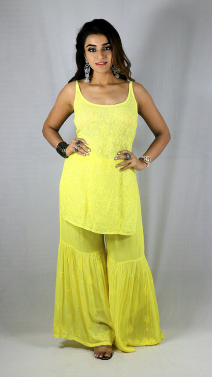 Yellow Short Sleeveless Viscose Chikankari Kurti