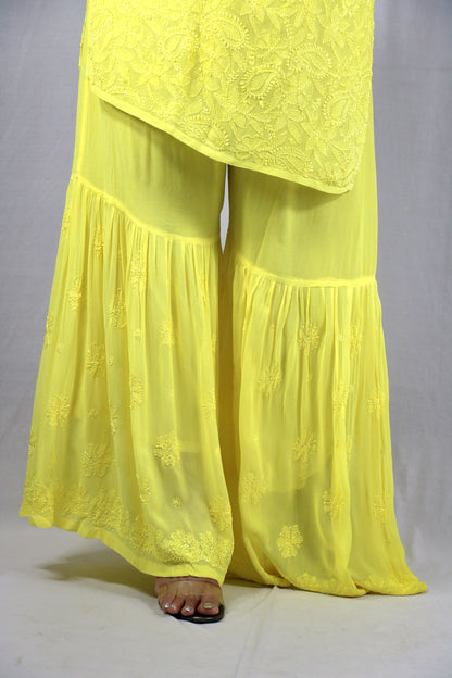 Yellow Short Sleeveless Viscose Chikankari Kurti