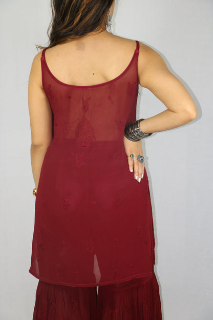 Maroon Short Sleeveless Viscose Chikankari Kurti