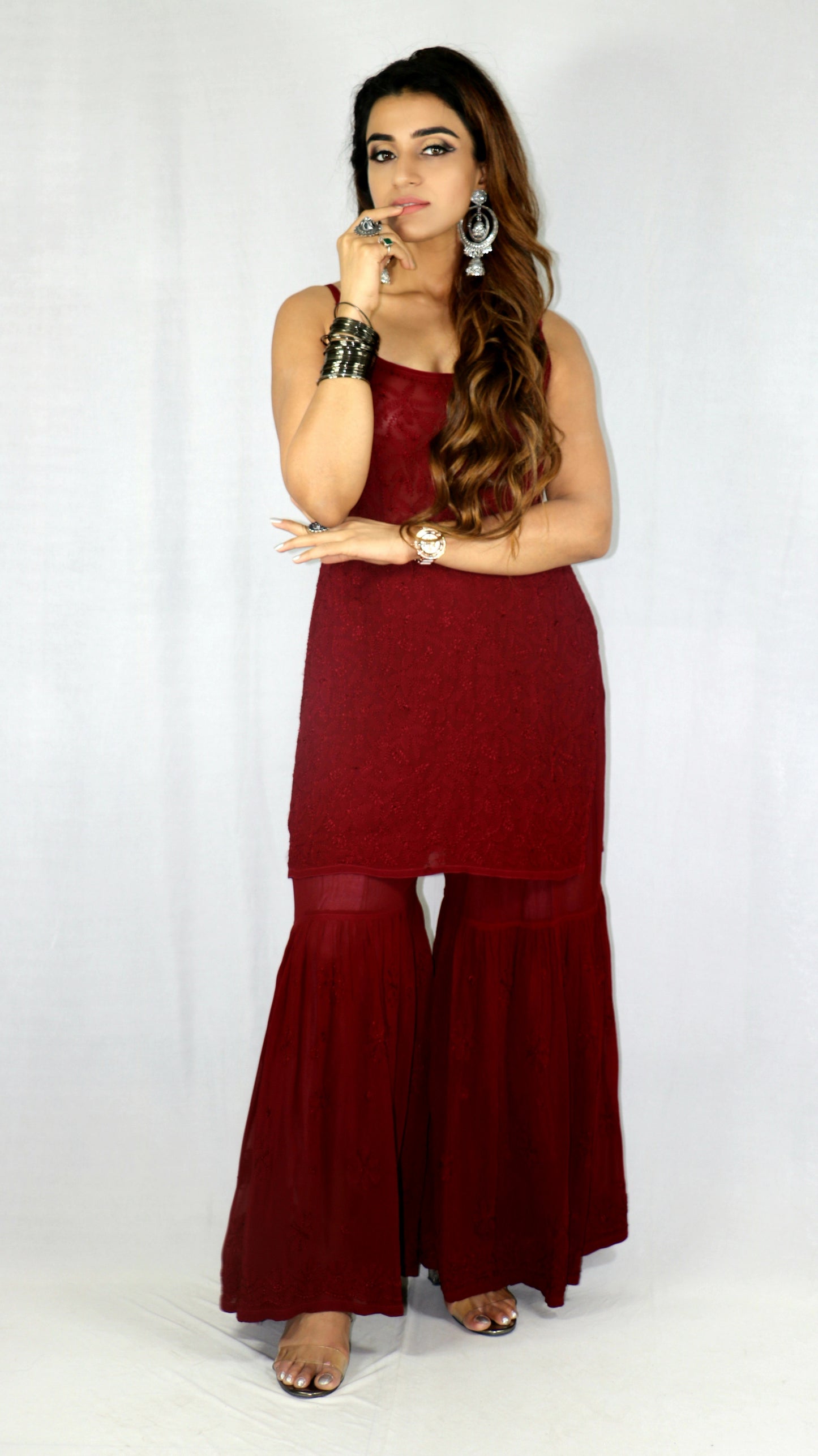 Maroon Short Sleeveless Viscose Chikankari Kurti