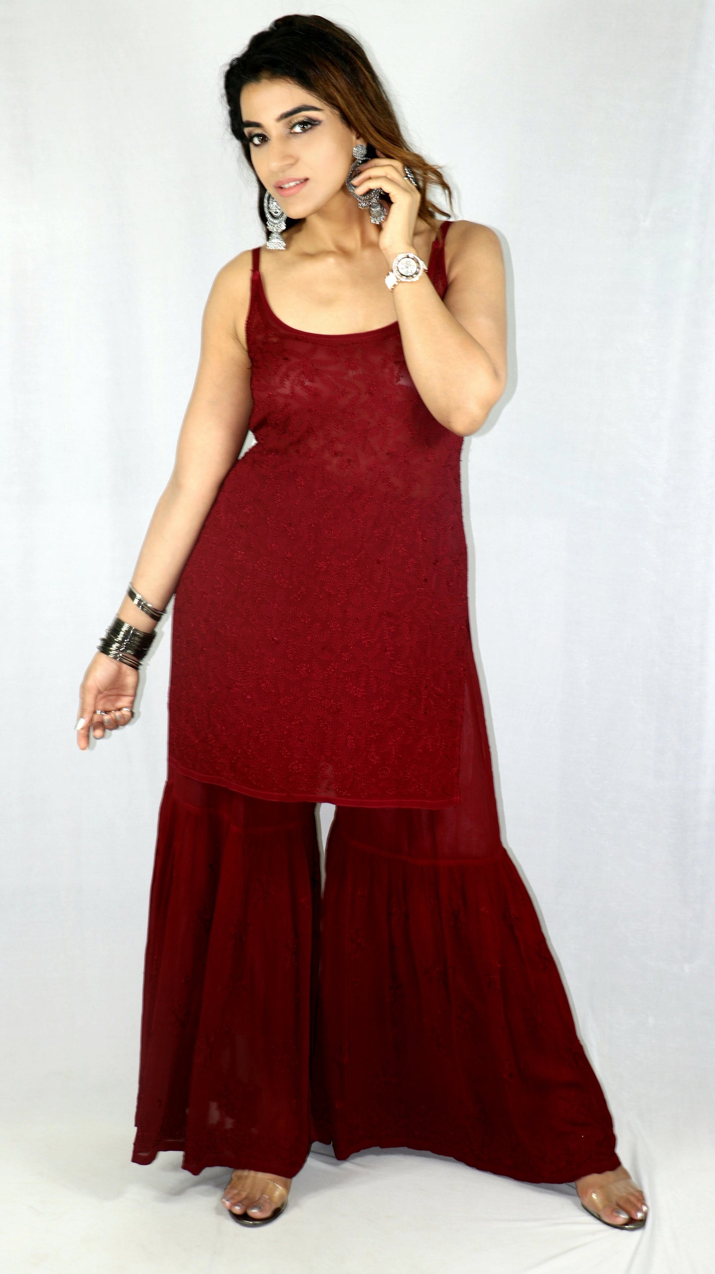 Maroon Short Sleeveless Viscose Chikankari Kurti