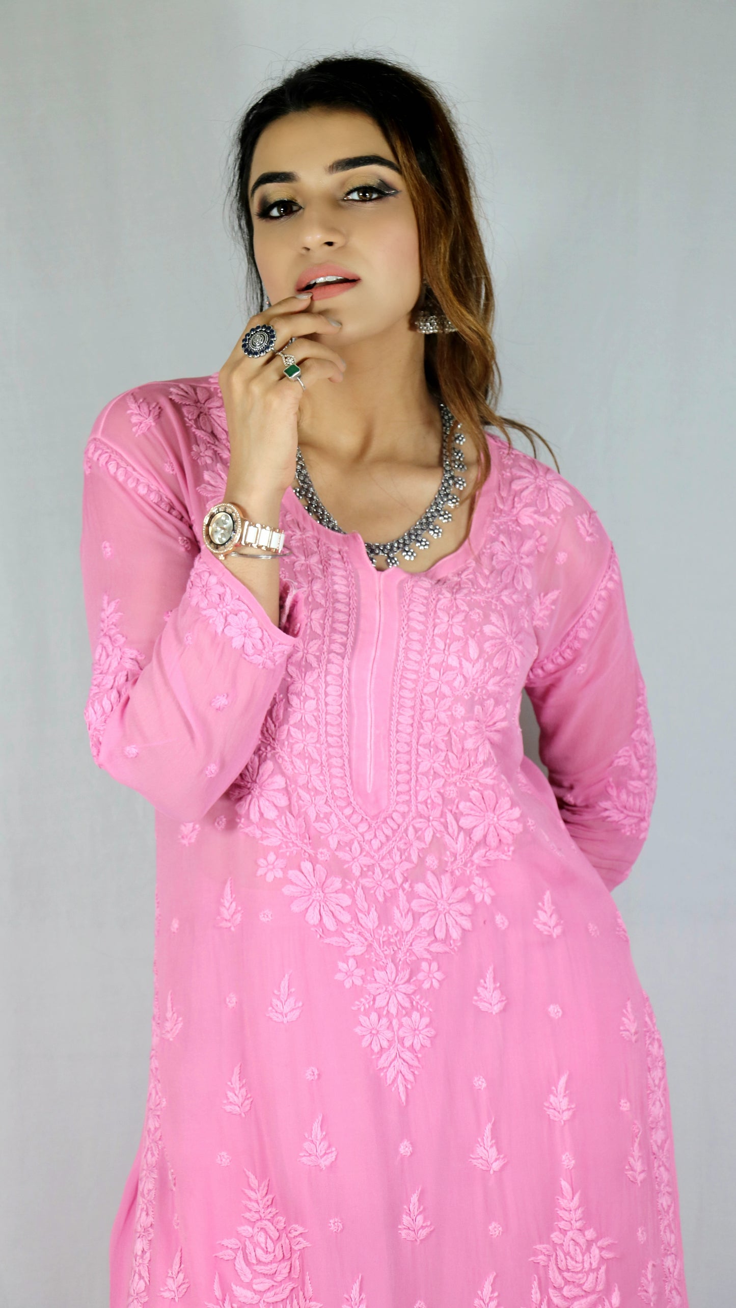 Pink Premium Viscose Chikankari Set