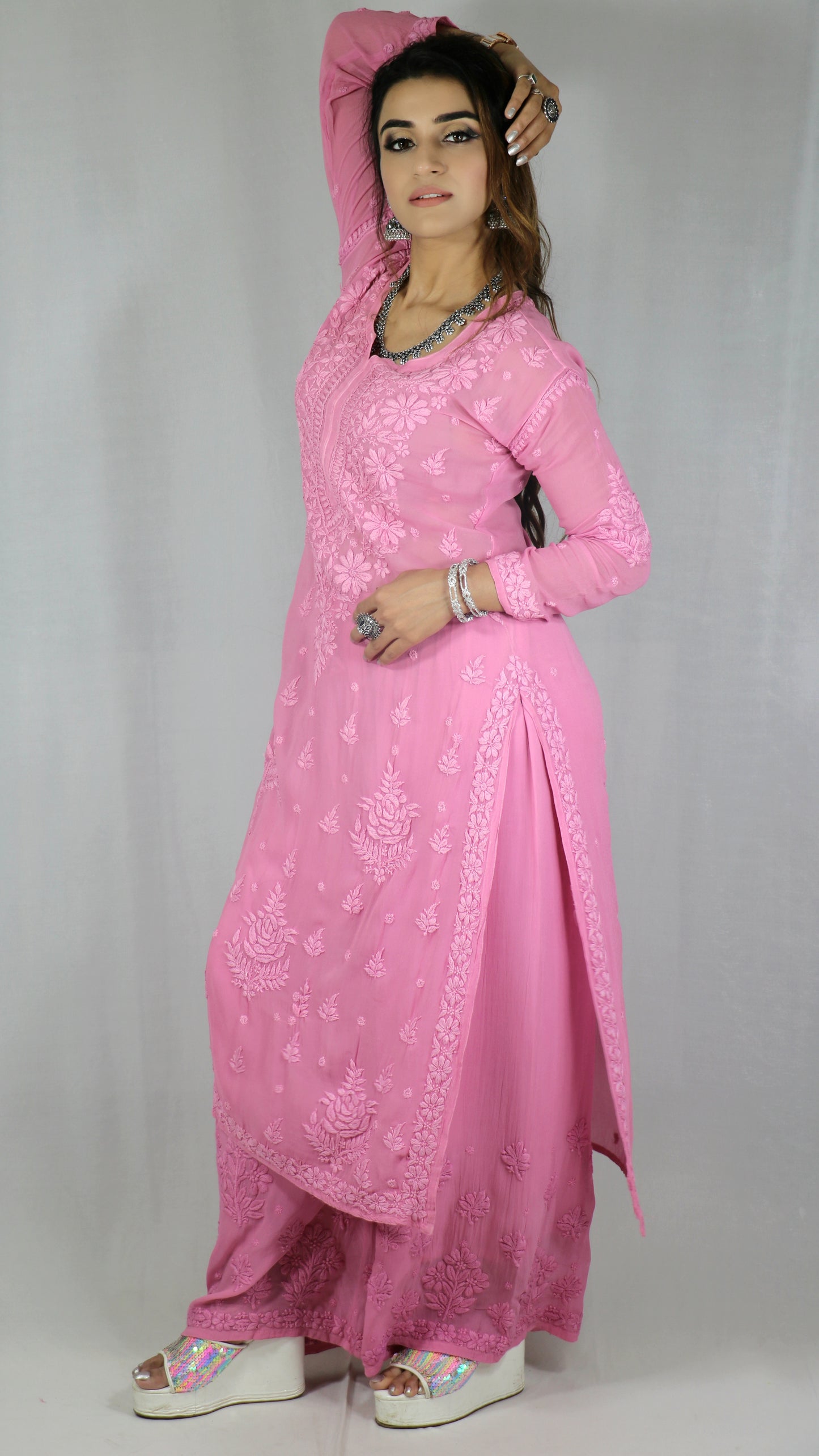 Pink Premium Viscose Chikankari Set