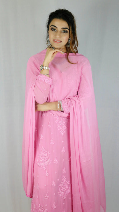 Pink Premium Viscose Chikankari Set