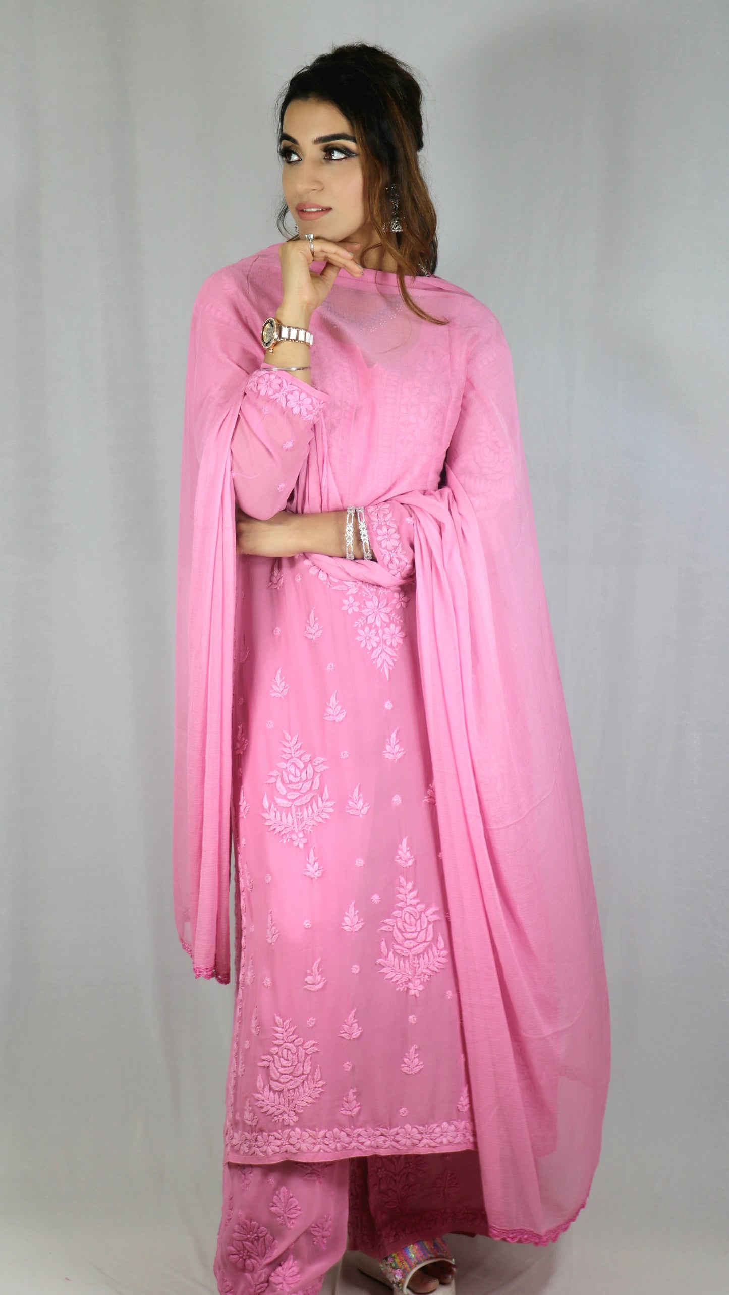 Pink Premium Viscose Chikankari Set
