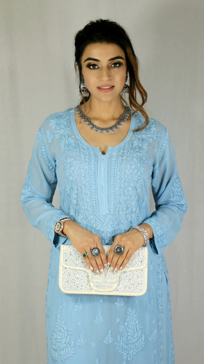 Sky Blue Premium Viscose Chikankari Set