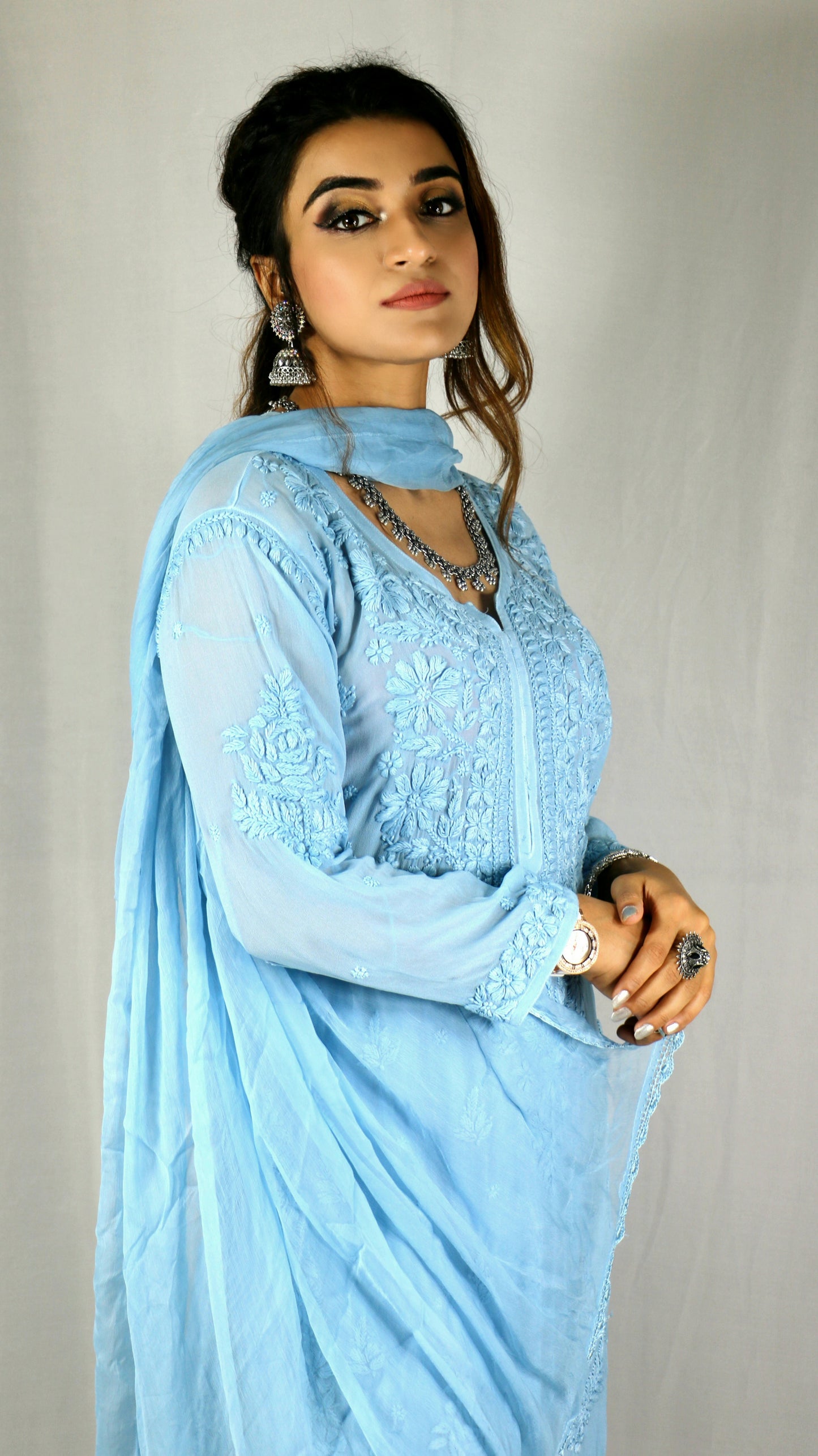 Sky Blue Premium Viscose Chikankari Set
