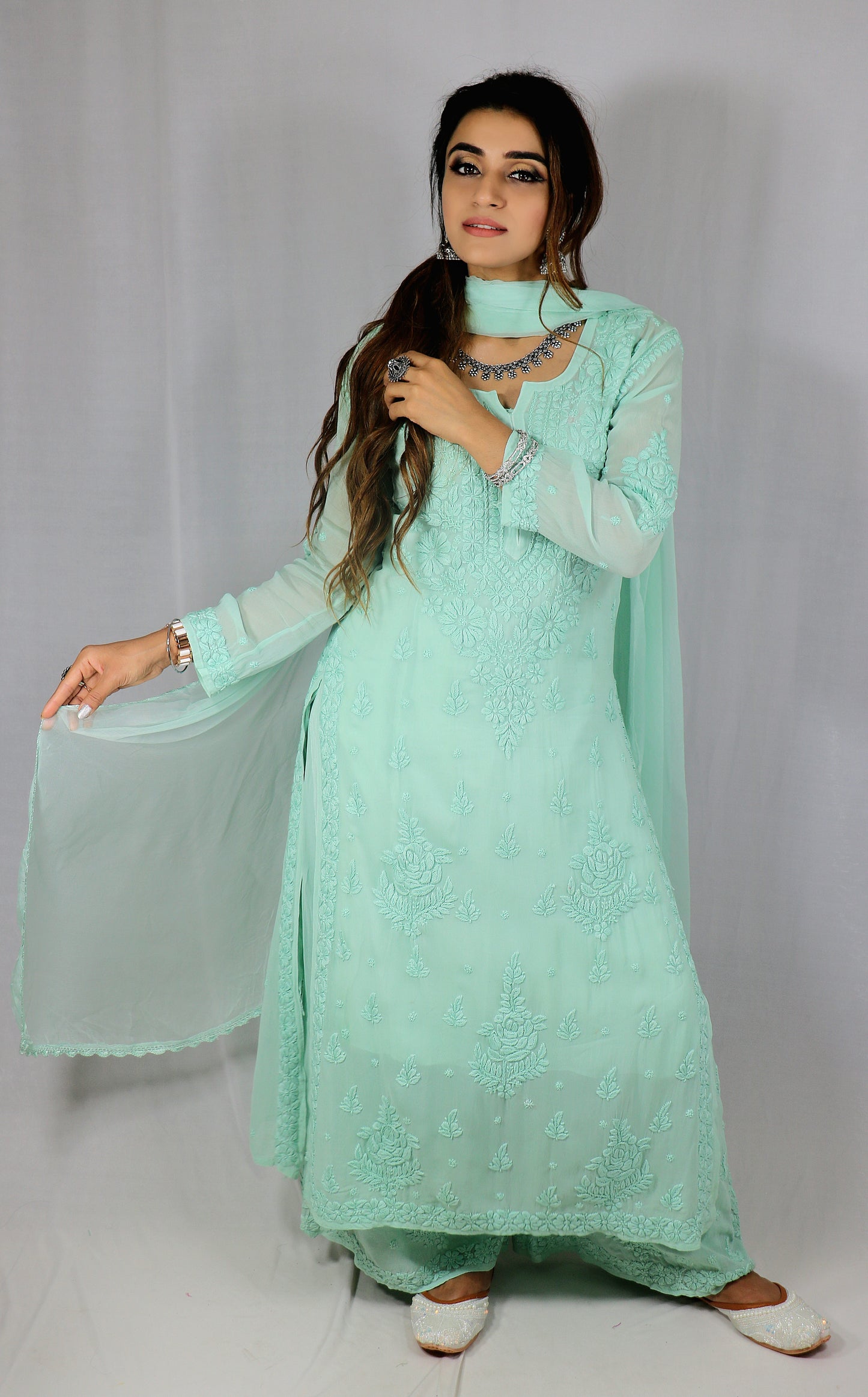 Sea Green Premium Viscose Chikankari Set