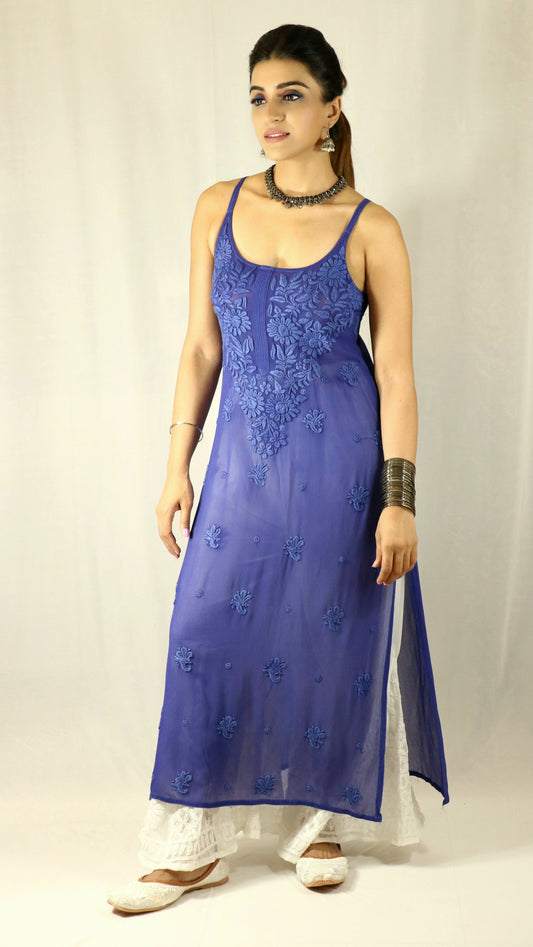 Blue Long Sleeveless Viscose/Georgette Chikankari Kurti