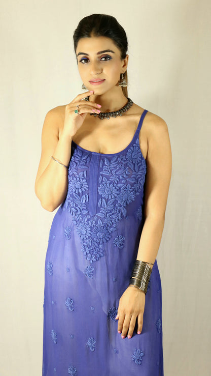 Blue Long Sleeveless Viscose/Georgette Chikankari Kurti