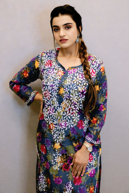 Grey Printed Chikankari Kurti