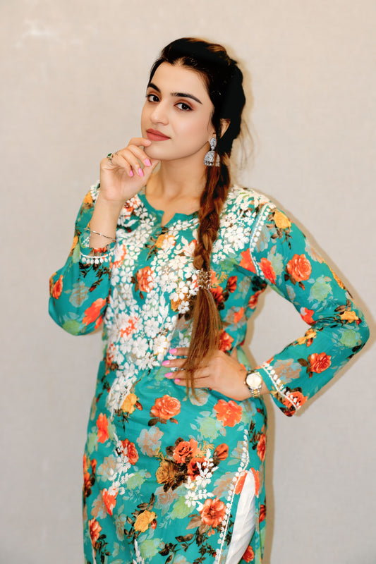 Green Printed Chikankari Kurti
