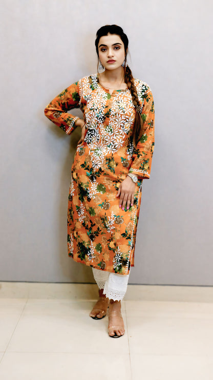 Mustard Printed Chikankari Kurti