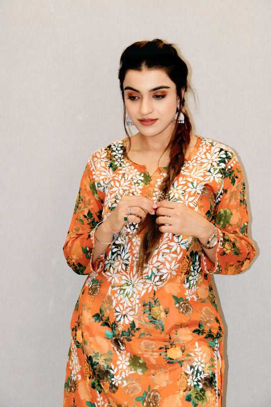 Mustard Printed Chikankari Kurti